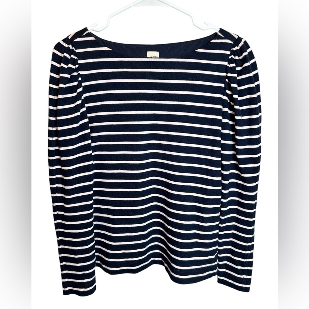 La Vie Rebecca Taylor Pink Navy Striped Puff Sleeve Size Small